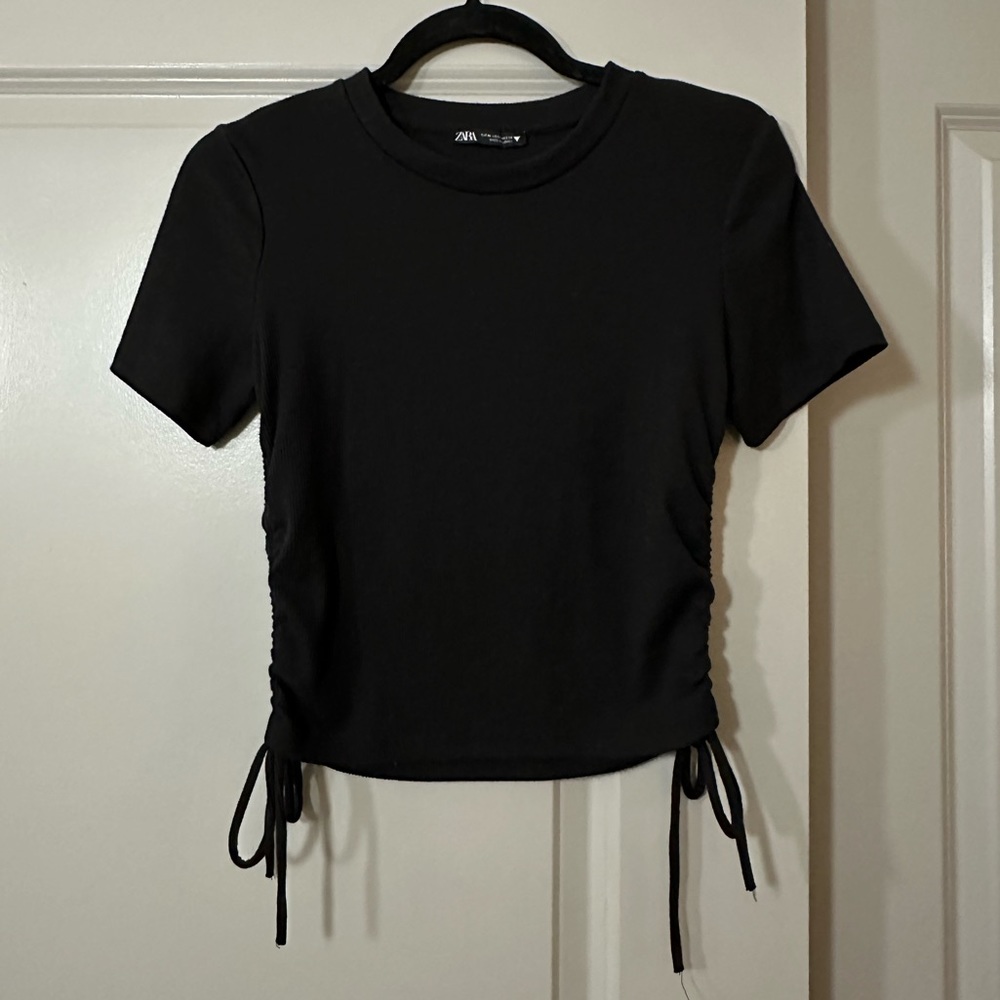 Zara Black Side Ruched Drawstring Tee